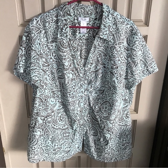 Liz Co. SzW3X Short Sleeves Cotton Aqua/Blk Graphic Print  Button Front Collar - Picture 6 of 6